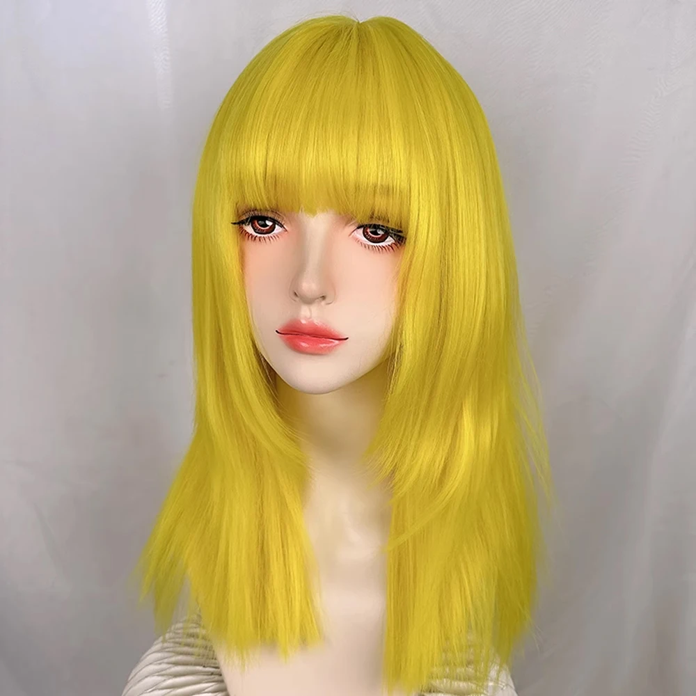 Synthetic Long Straight Yellow Women Wig with Bangs Fluffy Lolita Cosplay Heat Resistant Wig for Daily Party