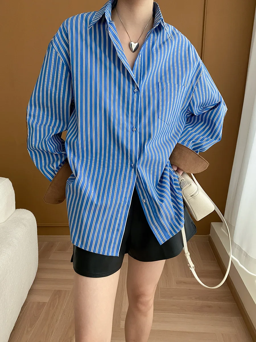 

Women's Shirts Long Sleeve White Blue Stripes Loose Casual Blouses Office Lady Oversized Fashion Cotton Women Shirt Tops