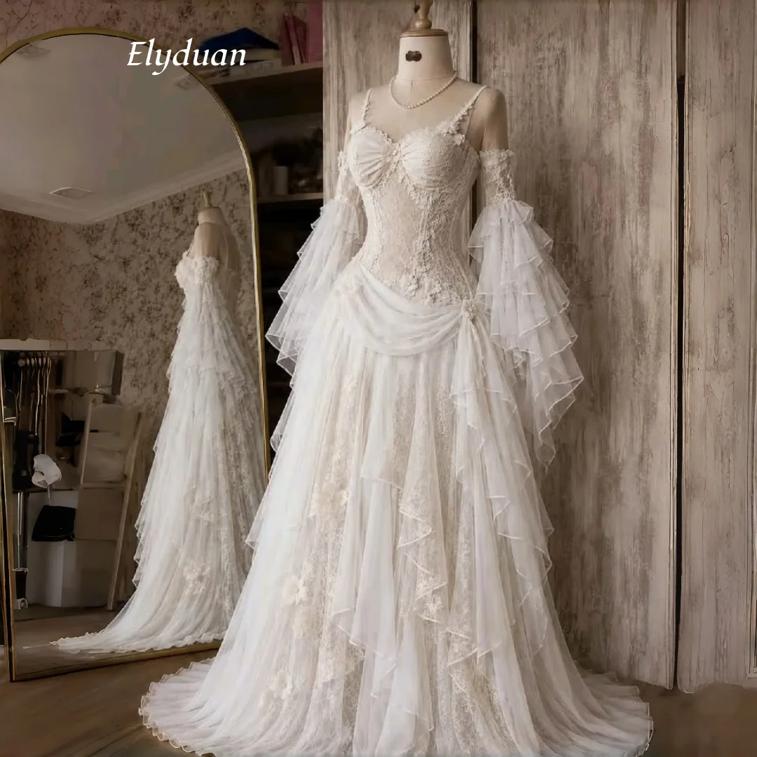Spaghetti Strap Vintage Corset Wedding Dress Detachable Flare Bell Sleeve Tiered Ruffled Lace Tulle Fairy Bridal Gown Customized