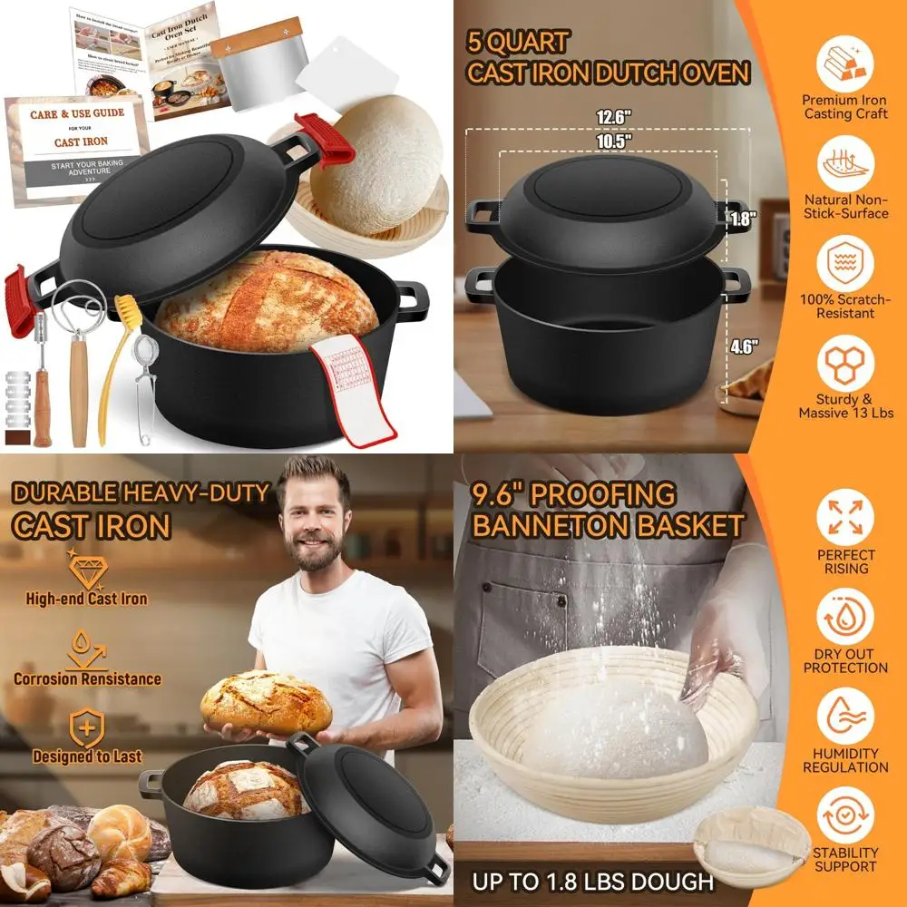 

Cast Iron Dutch Oven for Sourdough Baking - 2-in-1 Banneton Bread Proofing Basket, Ideal for Bread Baking Supplies