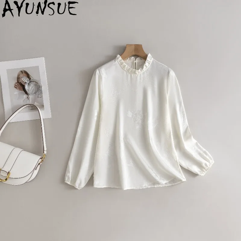 

AYUNSUE 100% Silk Pullover Blouse Femme Elegant Long Sleeve Tops for Woman Silk Jacquard Blouse Woman Clothes Spring Ropa Mujer