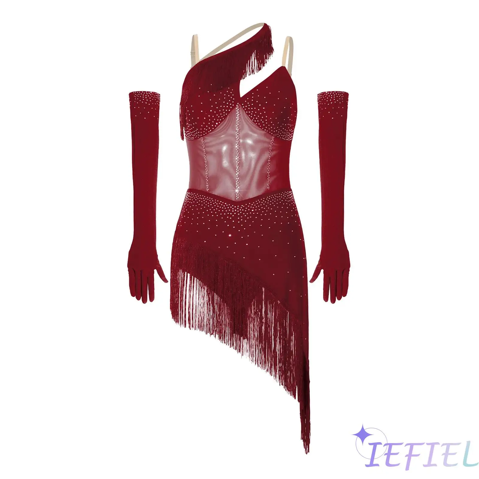 Women Tango Latin Dance Outfit Sleeveless Adjustable Shoulder Straps Shiny Rhinestones Tassel Ballet Leotard Dress with Gloves