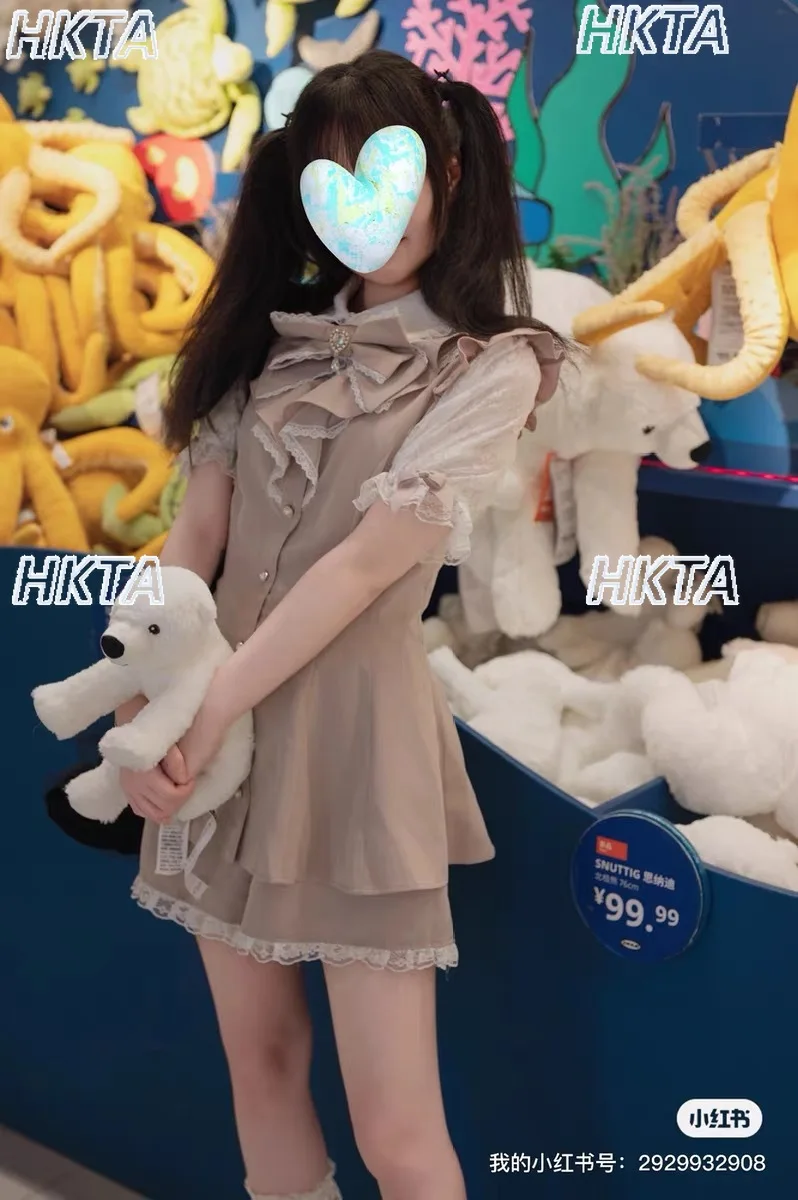 

Sweet Heart Diamond Buckle Bow Lace Stitching Short Sleeve Dress Slim Fit High Waist Lolita Dresses Casual Shorts Suit Women Set