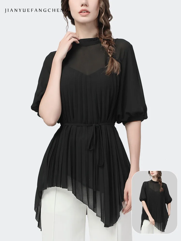 2023 Summer Chiffon Blouse Mid-length Black Lantern Sleeve Crew-neck Loose Plus Size Women\' Top With Belt Pleated Tops Shirts