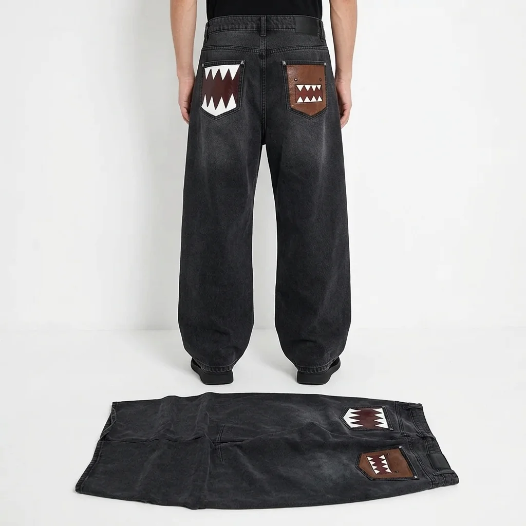 Calças Jeans Y2K Retro com Padrão de Monstro, Estilo Vintage, Moda Streetwear Longa e Larga para Homens e Mulheres
