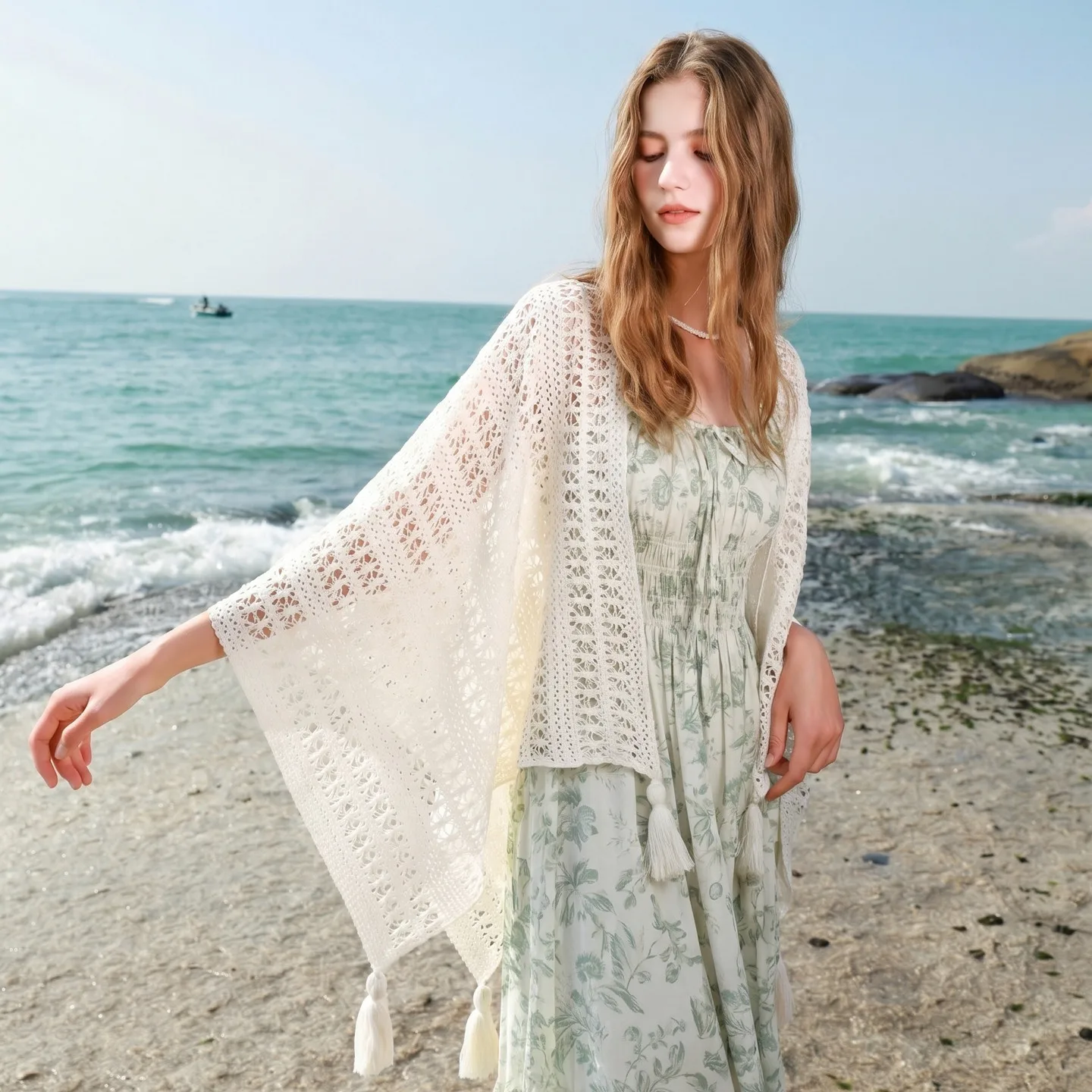 Chal Boho Calado de Punto con Borlas, Bufanda Ligera de Ganchillo para Mujer, Poncho, Cárdigan, Cubrebaño de Playa, Envoltura Protectora Solar para Viajes