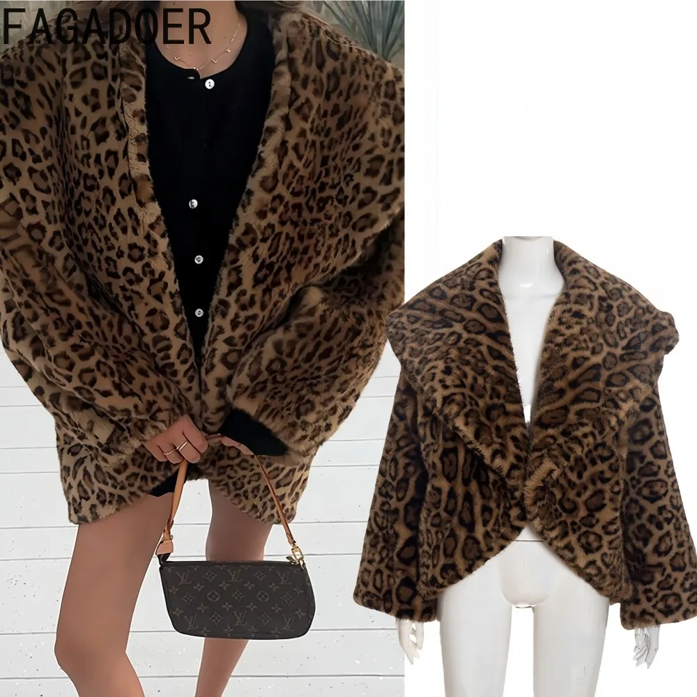 FAGADOER شتاء جديد Y2k موضة ليوبارد طباعة الفراء المرقعة معطف للمرأة التلبيب كم طويل فضفاض سترة الإناث الشارع الشهير #1
