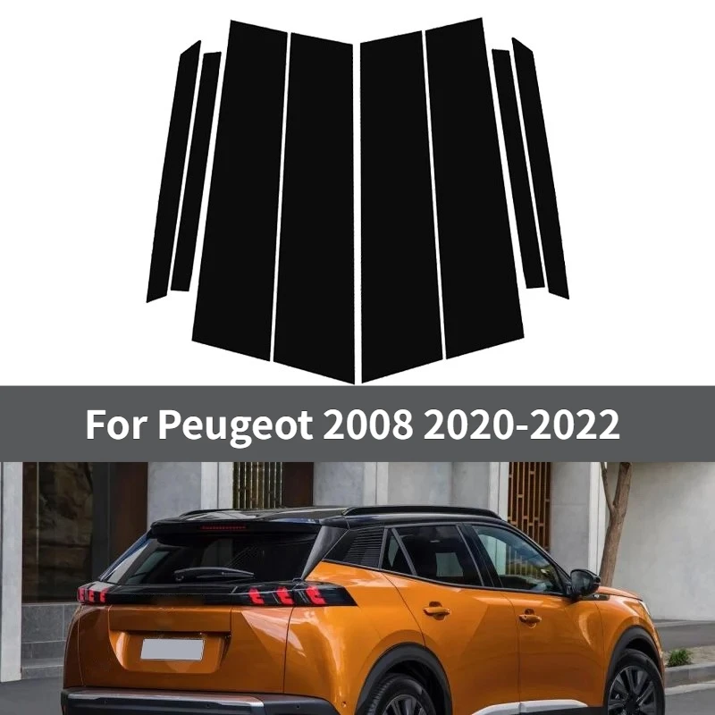 

8Pcs Car Door Side Window Pillar Posts Trim Covers Sticker Decal For Peugeot 2008 2020 2021 2022 Glossy Black Auto Accessory
