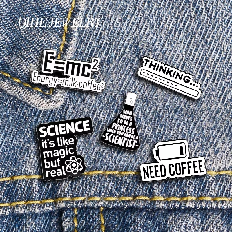 QIHE JEWELRY Science and Coffee Fun Enamel Brooches Black White Cute Metal Pins Badges Backpacks Pins Fashion Gifts For Friends