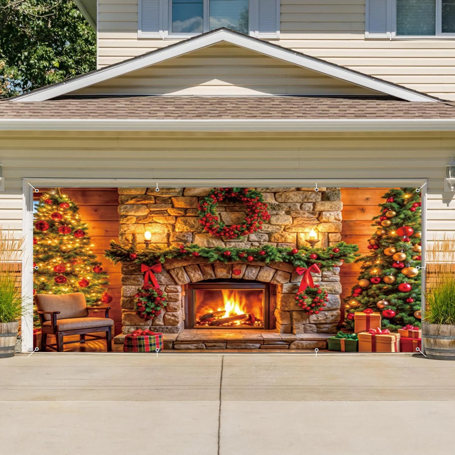 クリスマスガレージドア装飾冬の暖炉クリスマスツリーレンガ壁ガレージドアカバー壁パティオ庭外用