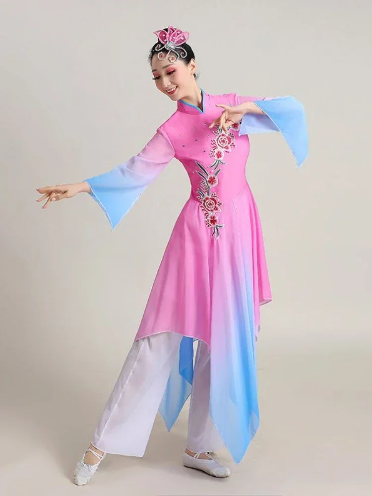Klasyczne stroje ludowe do tańca, przebrania wróżek, damskie kostiumy do tańca Yangko, wachlarze, parasole, kostiumy do tańca Hanfu, starożytne stroje sceniczne do Yangko