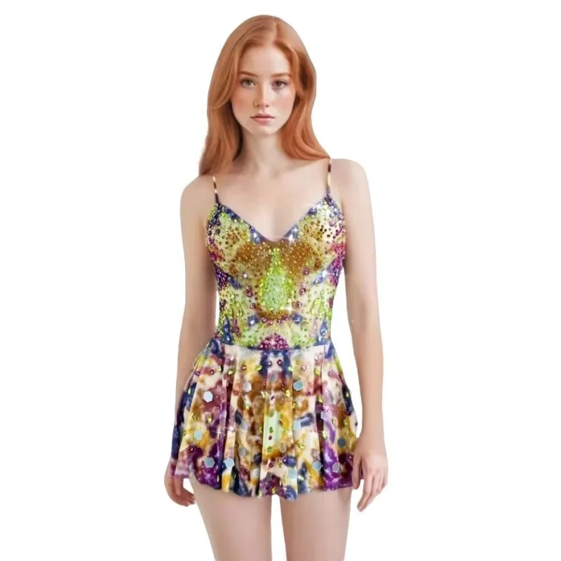 

Women's Sexy Colorful Rhinestones Sling Mini Dress Club Party Festival Nightclub Singer Dancer Costume Holiday Show Stage