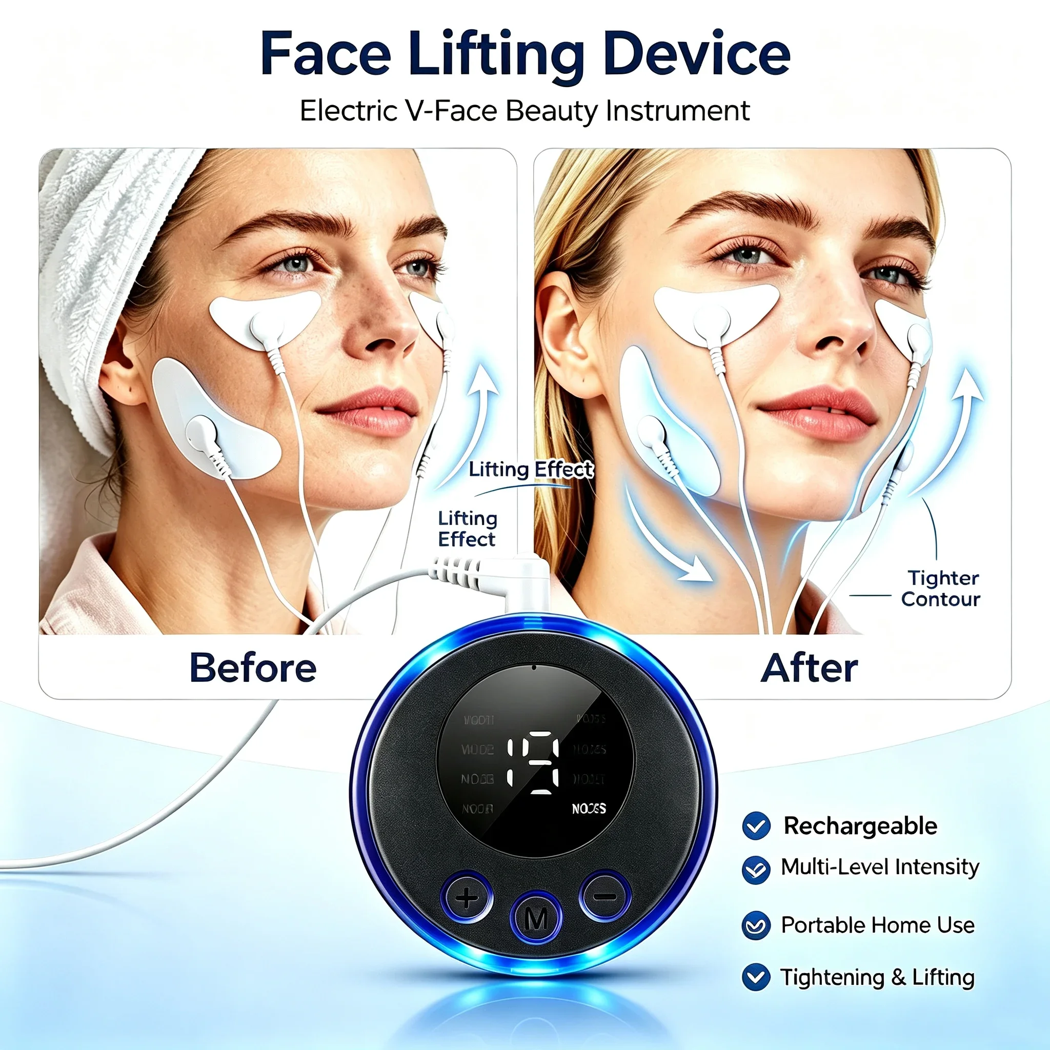 Electric V‑Face Lifting Firming Beauty Device, Rechargeable EMS Microcurrent Home Use Face Slimming Massager for Skin Toning