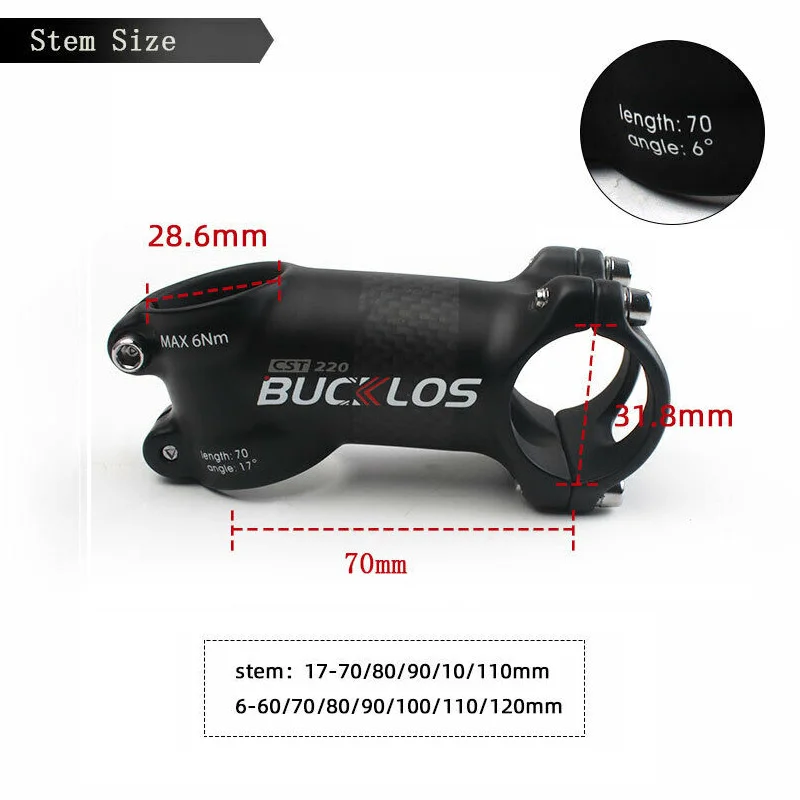 BUCKLOS 31.8MM MTB Handlebar Stem 6/17 Degree Mountain Bike Stem 60/70/80/90/100/110/120mm Bike Fork Stem Bike Accessories