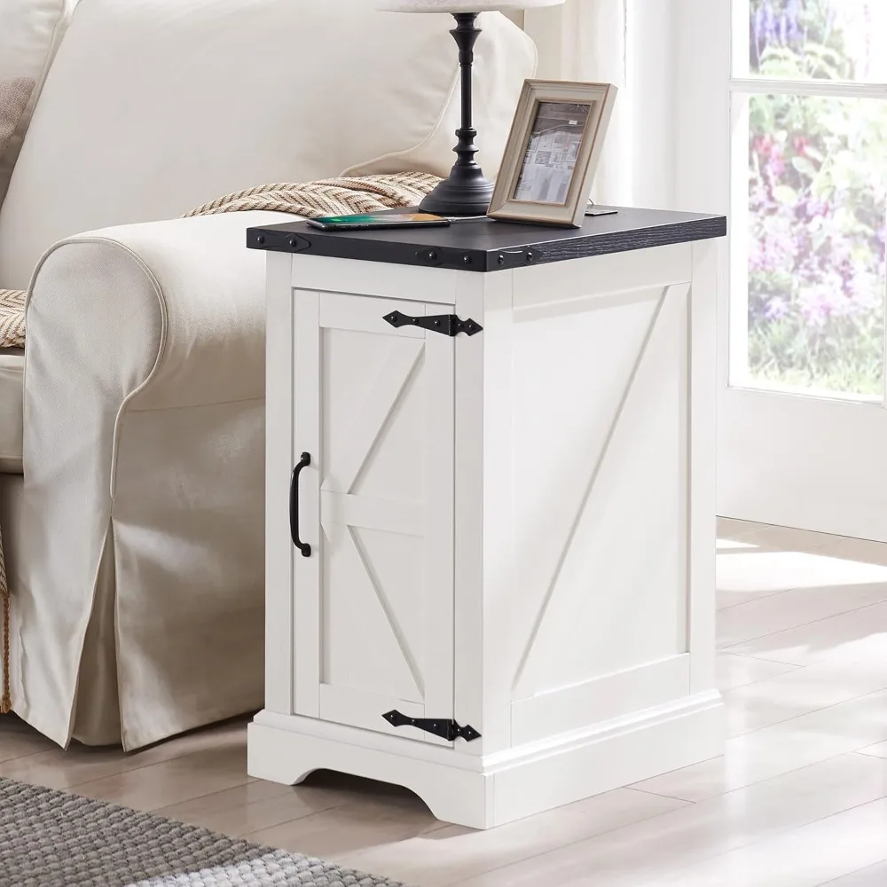 

Nightstand with Charging Station, Rectangular Farmhouse End Table with Barn Door and Adjustable Storage Shelf, Bedroom