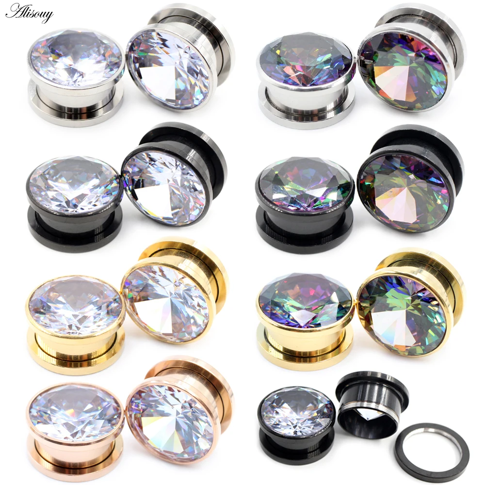 Alisouy 2PC Double Flared Ear Plug Tunnel Stainless Steel Screw Back Colorful Zirconia Earrings Gauges Expander Piercing Jewelry