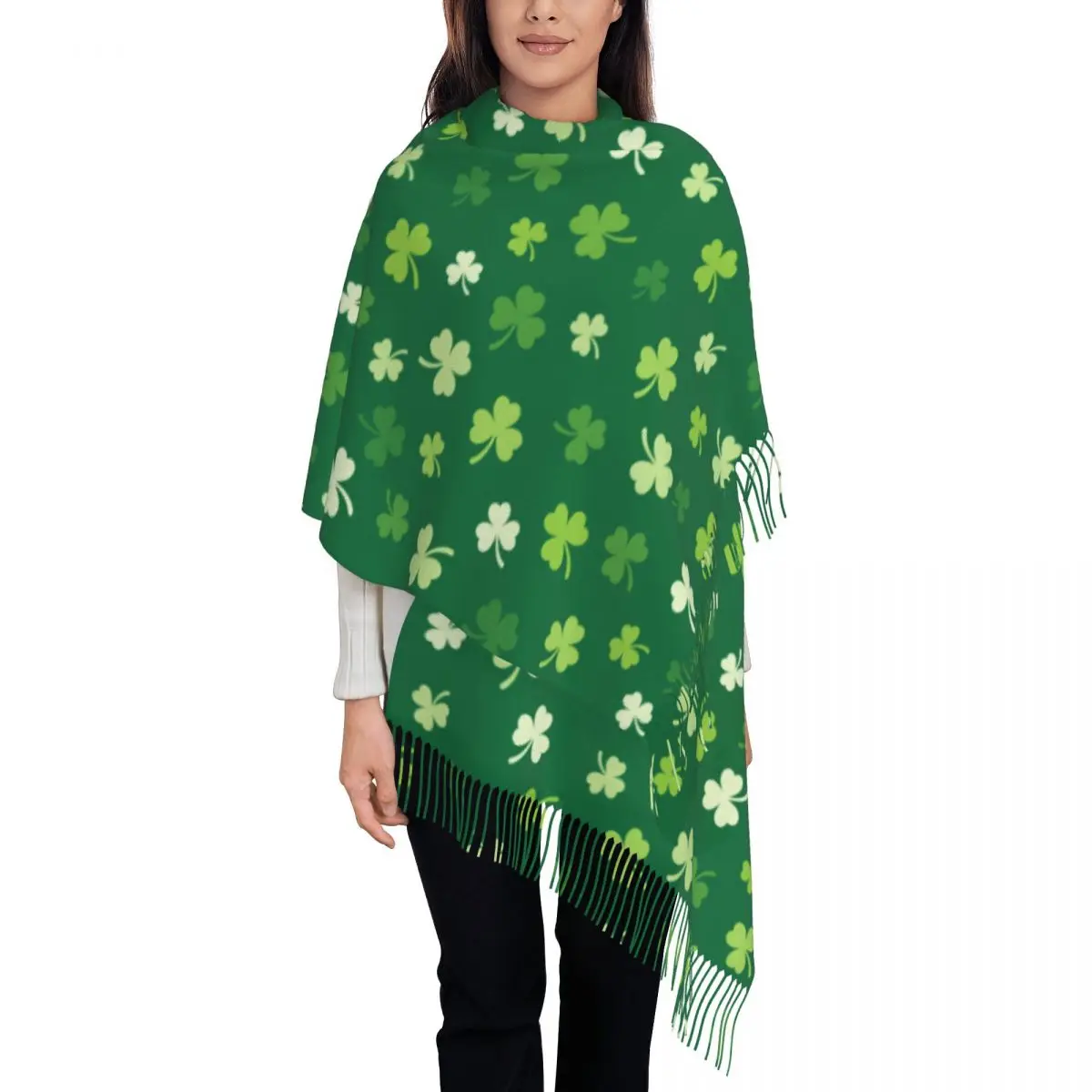 

Irish Lucky Clover Scarf Men Women St. Patrick's Day Headwear Scarves with Tassel Winter Shawls and Wraps Warm Soft Bufanda