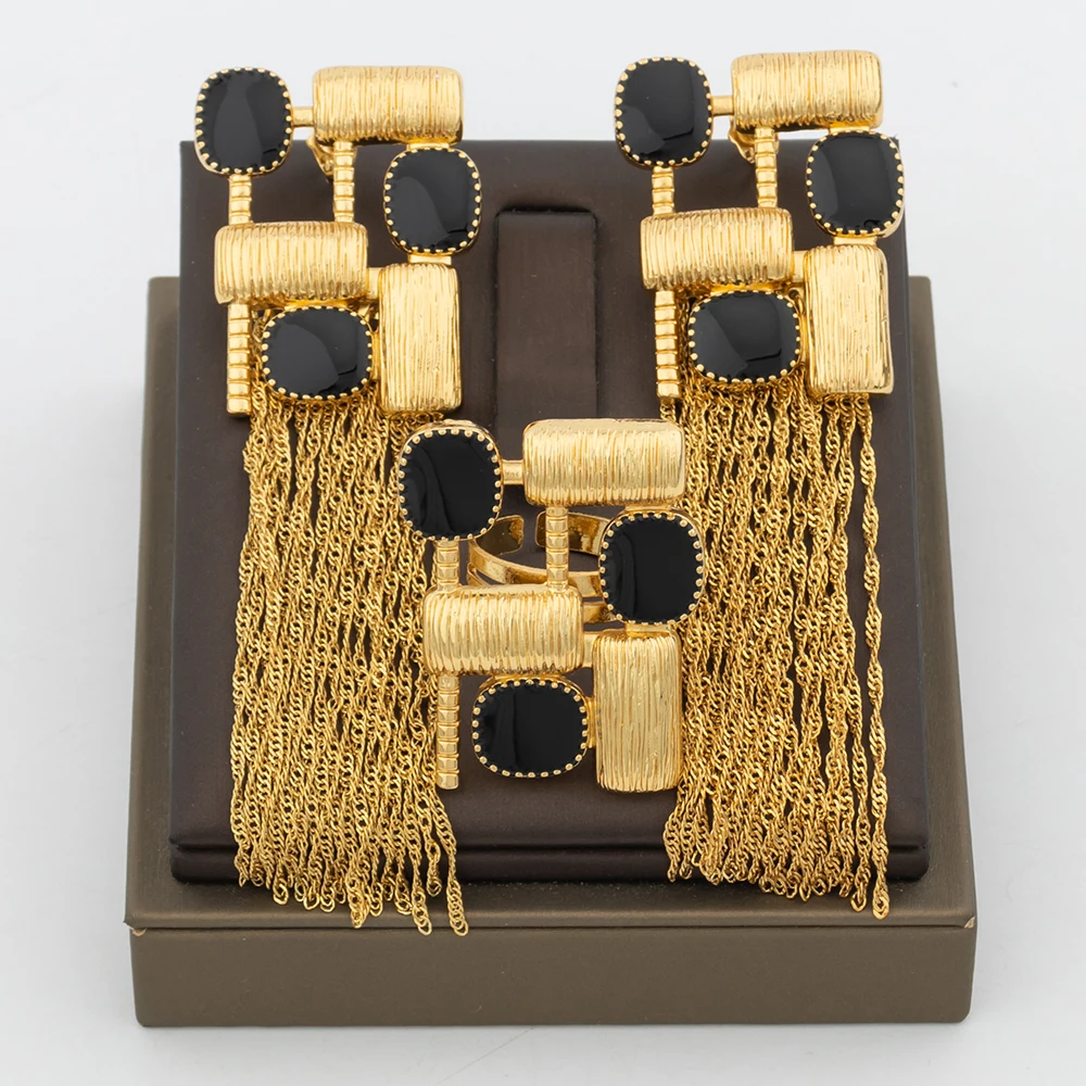 Luxury Gold Color Tassel Earrings & Ring Set, Square Design