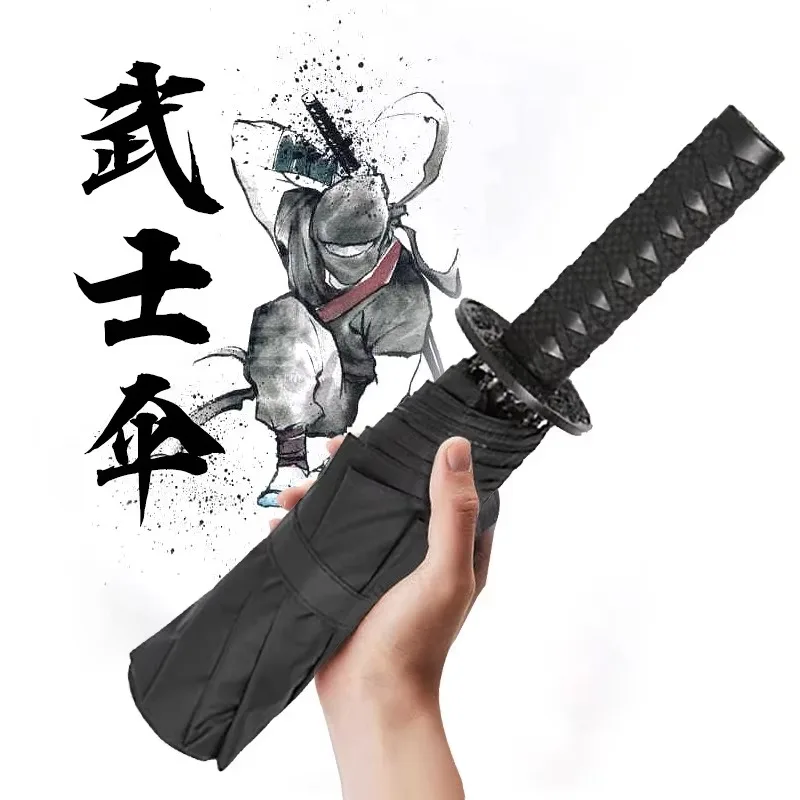 Folding Samurai Sabre Umbrella Windproof Japanese Demon Slayer Real Katana UV Block Ninja Sword Parasol Umbrella Black Parasol