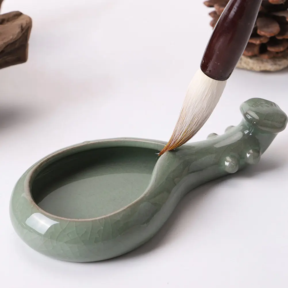 

1Pcs Lute Shaped Ceramic Ink Dish Ink Plate Calligraphy Brush Holder Stationery for Painting Writing Calligraphy Brush Tray