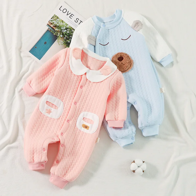 Spring Autumn Baby Girl Jumpsuit Warm Cotton Clip Class A Newborn Girls Onesies Floral Printed Lace Broder Infant Girls Bodysuit