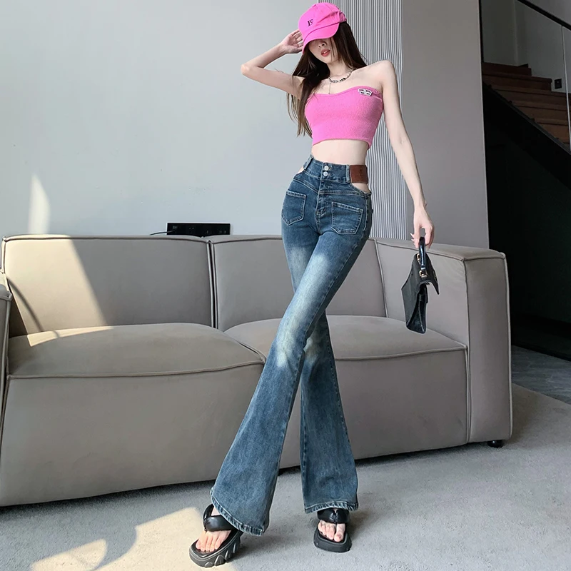 Ladies Vintage High Waisted Jeans Woman Streetwear Lim-Fit Denim Trousers Girls Casual Denim Bell-bottoms Female Pants BVAL6963C