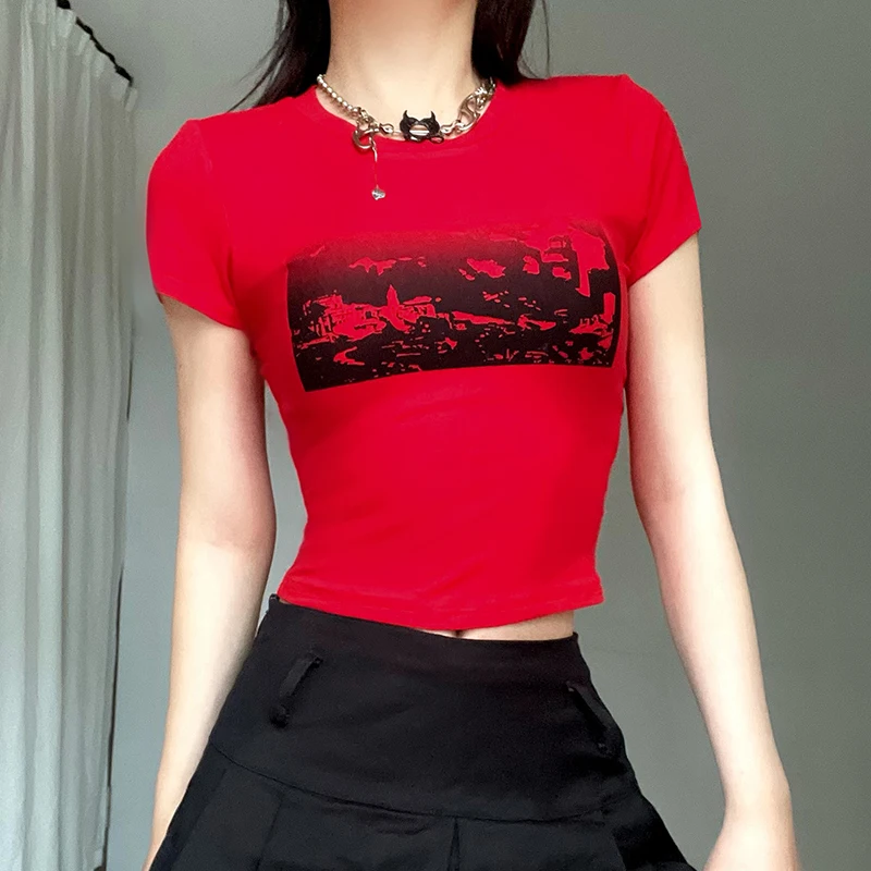 

Sexy Red T-shirt Women Fashion Summer New Short Sleeve O-Neck Black Print Top T-shirt Casual Streetwear Slim Versatile Lady Tees
