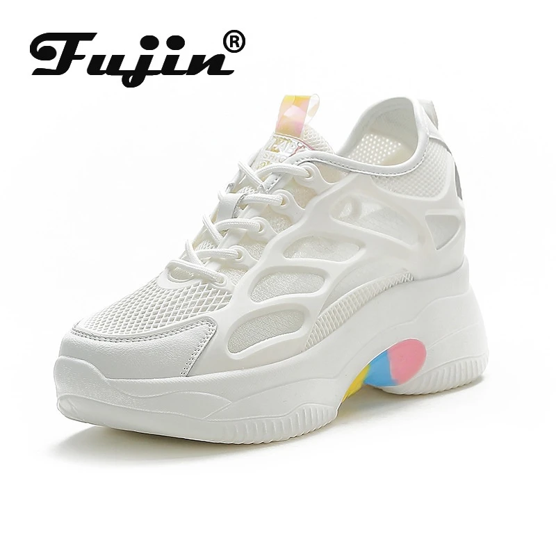 

Fujin 7 см дышащие кроссовки на танкетке, обувь на платформе, женская летняя обувь из натуральной кожи, повседневные модные кроссовки, летние сетчатые кроссовки
