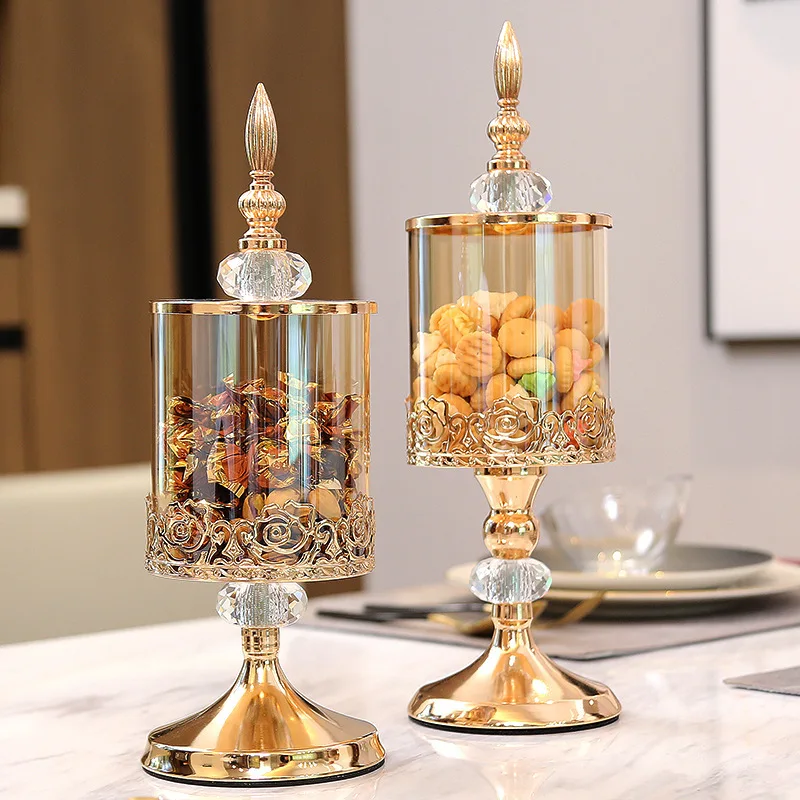 Tarro de cristal de lujo, lata de cristal de estilo europeo para dulces, decoración del hogar, mesa de té, lata de almacenamiento, tanque de almacenamiento con tapa