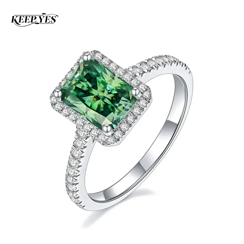 

KEEP YES 2ct 6*8mm GRA Certified Radiant Cut Green Full Moissanite Diamond Engagement Ring for Women 925 Silver Plated 18K Gold