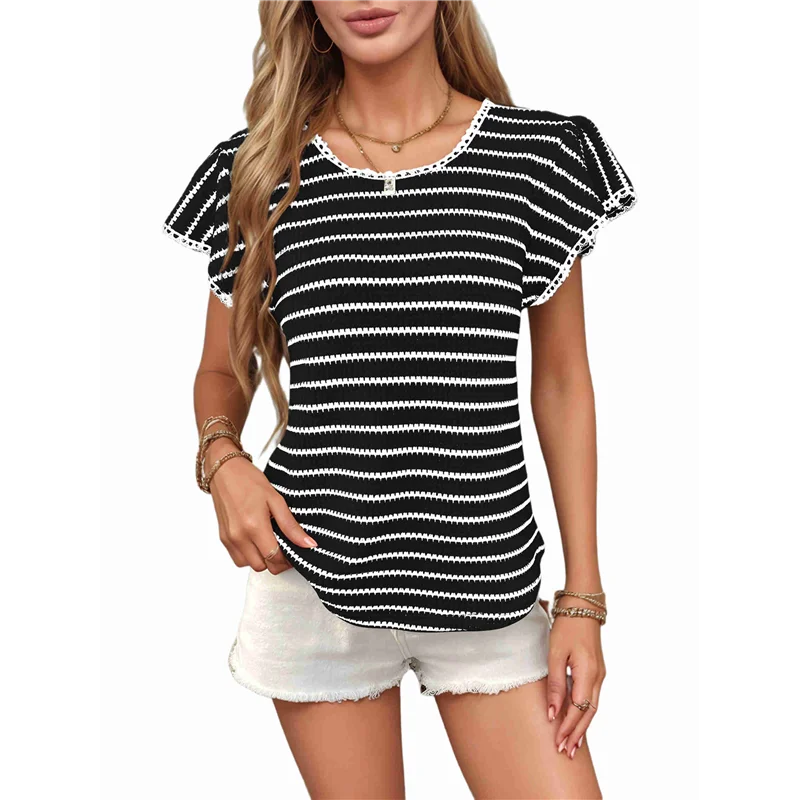 

A83F-Women's Knitted Short-Sleeved Blouses, Summer Round Neck With Ruffled Sleeves Blouses