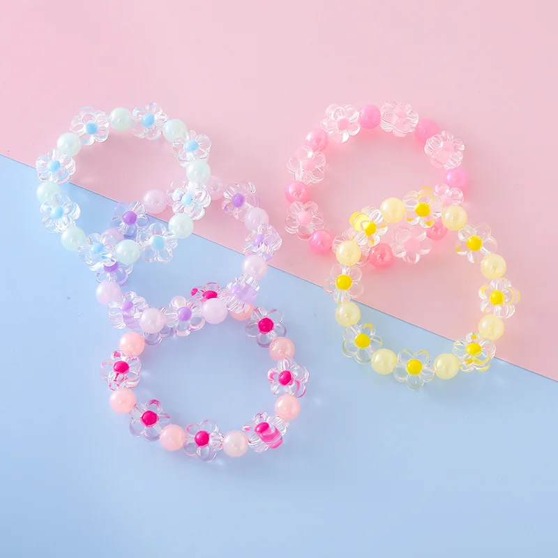

Jelly Color Flower Bracelet Kids Girls Kindergarten Festival Gift Soft Pink Beaded Stretchable Wristlet Cute Hair Jewelry
