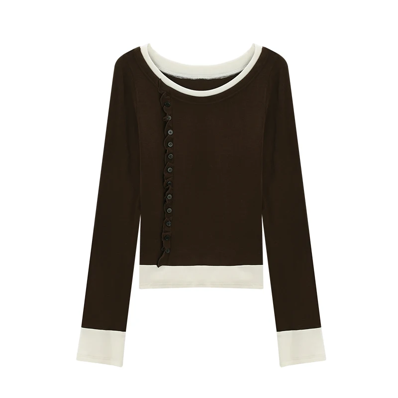 ALXNAN T-shirt marrone Falso patchwork in due pezzi T-shirt a maniche lunghe da donna 2025 Autunno Cotone Office Lady Slim-fit Top L57310