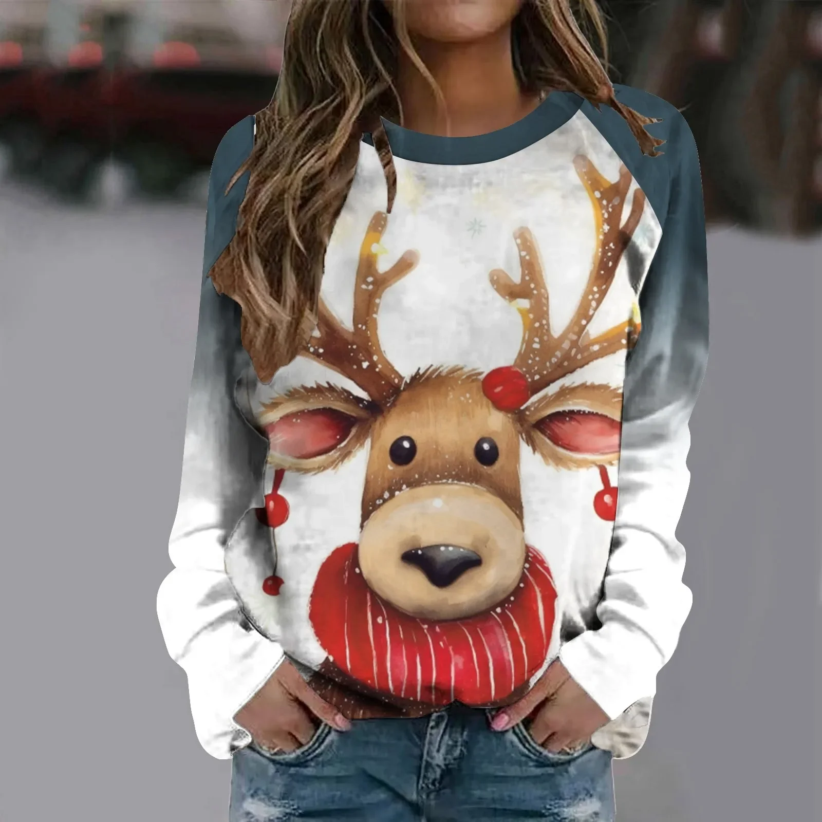 Funny Cute Elk Printing Long Sleeve 2023 Christmas Women T Shirt Harajuku S-2xl Cotton Woman Tshirts Comfy Shirt Female Top