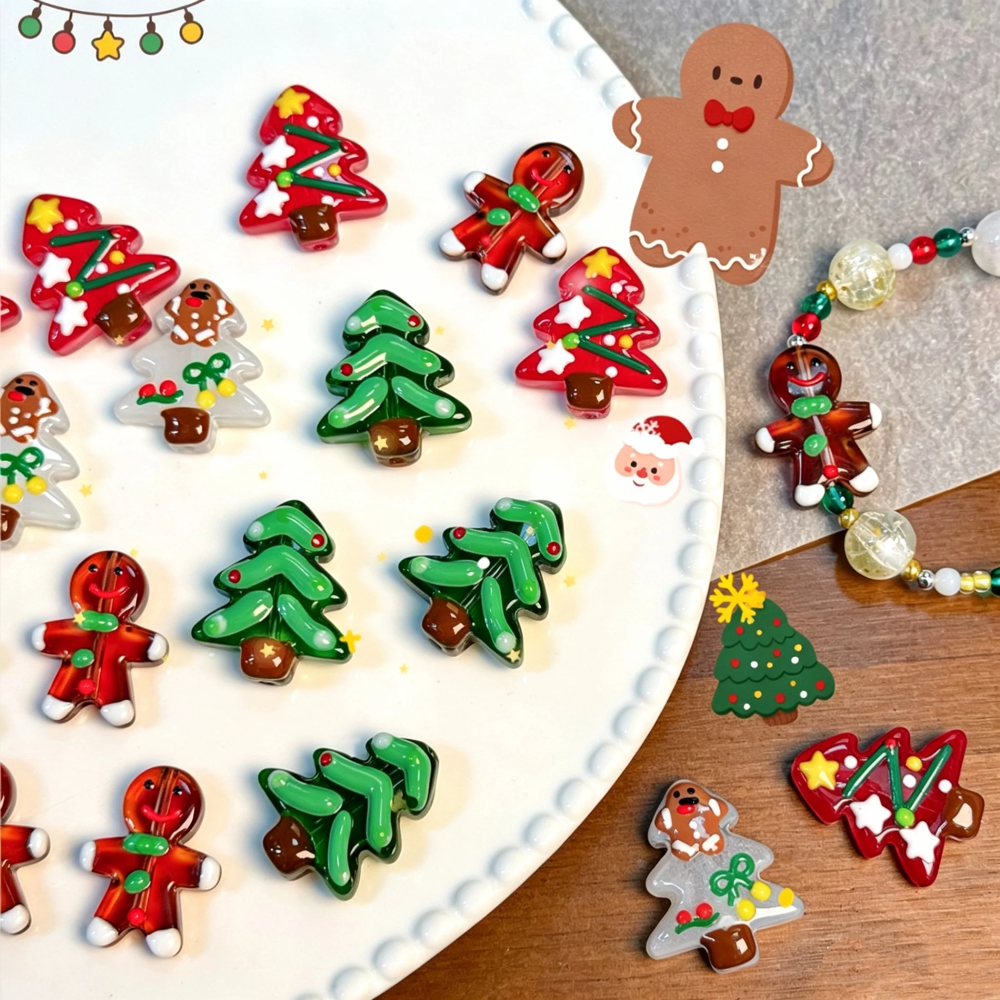 Christmas Tree Gingerbread Man Glass Beads, Handmade DIY Xmas Bracelet & Keychain Beads, Holiday Decor