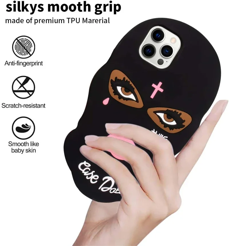 3D Cartoon Schwarze Frau Gesichtsmaske Mädchen Silikonhülle für iPhone 17 16 15 14 13 12 11 Pro Max XS XR X 17Pro 16Pro Weiche Handyhülle – Detail 2