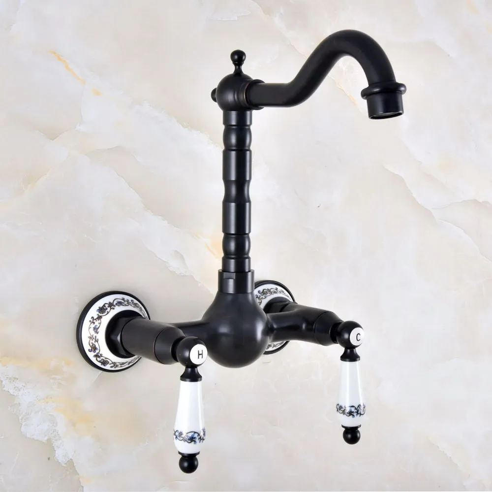 

Dual Handle Duals Hole Wall Mount Basin Faucet Oil Rubbed Bronze Bathroom Vanity Faucets Kitchen Sink Cold Hot Water Taps Dnf863