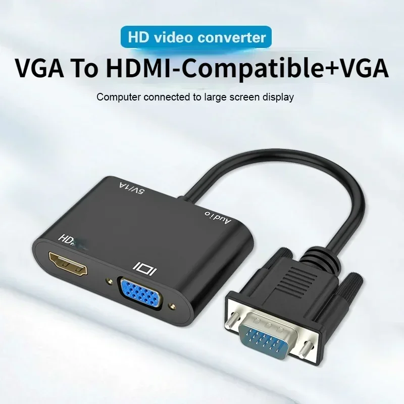 Adapter VGA na HDMI rozdzielacz VGA z 3.5mm konwerter Audio obsługa podwójnego wyświetlacza projektor do komputera HDTV wieloportowy VGA