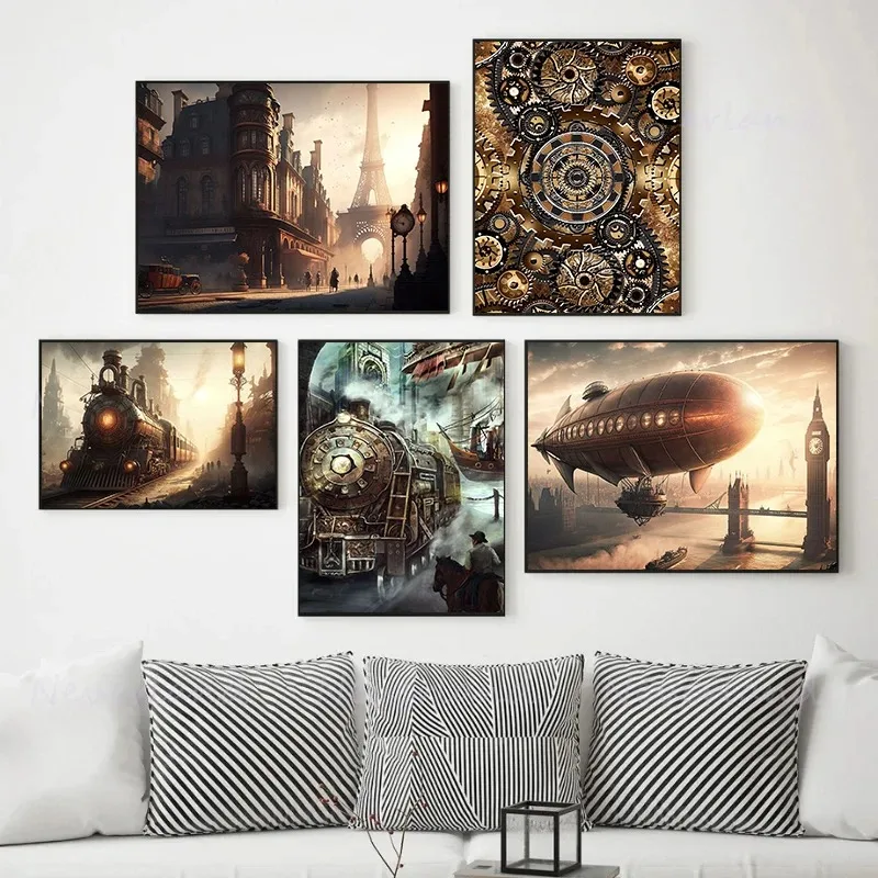 Steampunk Railroad Train Airship Posters and Prints Canvas Printing Wall Art Picture for Living Room Home Decoration