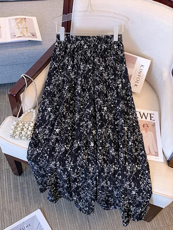 Falda Midi de Verano con Cintura Alta, Estilo Vintage, Estampado Floral, Cintura Elástica, Color Albaricoque, Versátil, Corte en A para Mujer