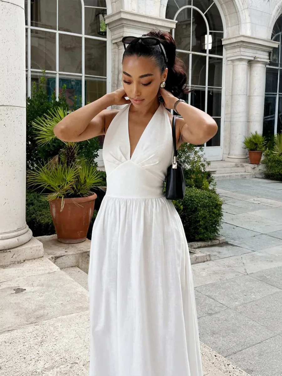 Elegant Cotton White Long Dress Women's V neck Lace-up Halter Backless Waist Sleeveless Maxi Dresses Party Summer 2025 New Robe