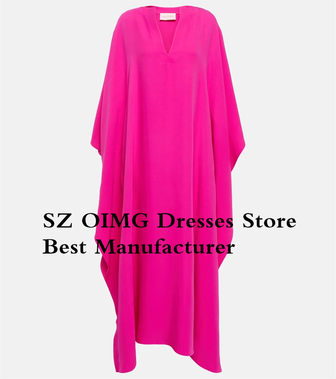 OIMG-Robe de Bal Longue en Satin Rose, Élégante, Manches sulf, Col en V, Longueur au Sol, Crêpe, Perles, Tenue de Soirée Formelle