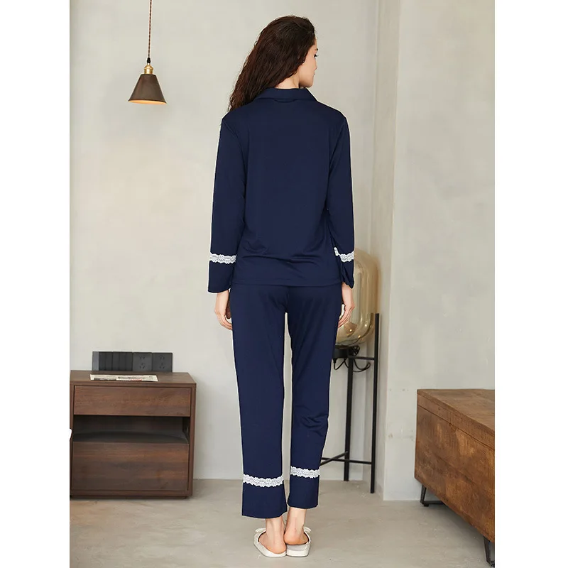 Pajamas Women's Knitted Cotton Loose Sleepwear Pijamas European Style Cardigan Home Service Suit Long-sleeved Trousers Set