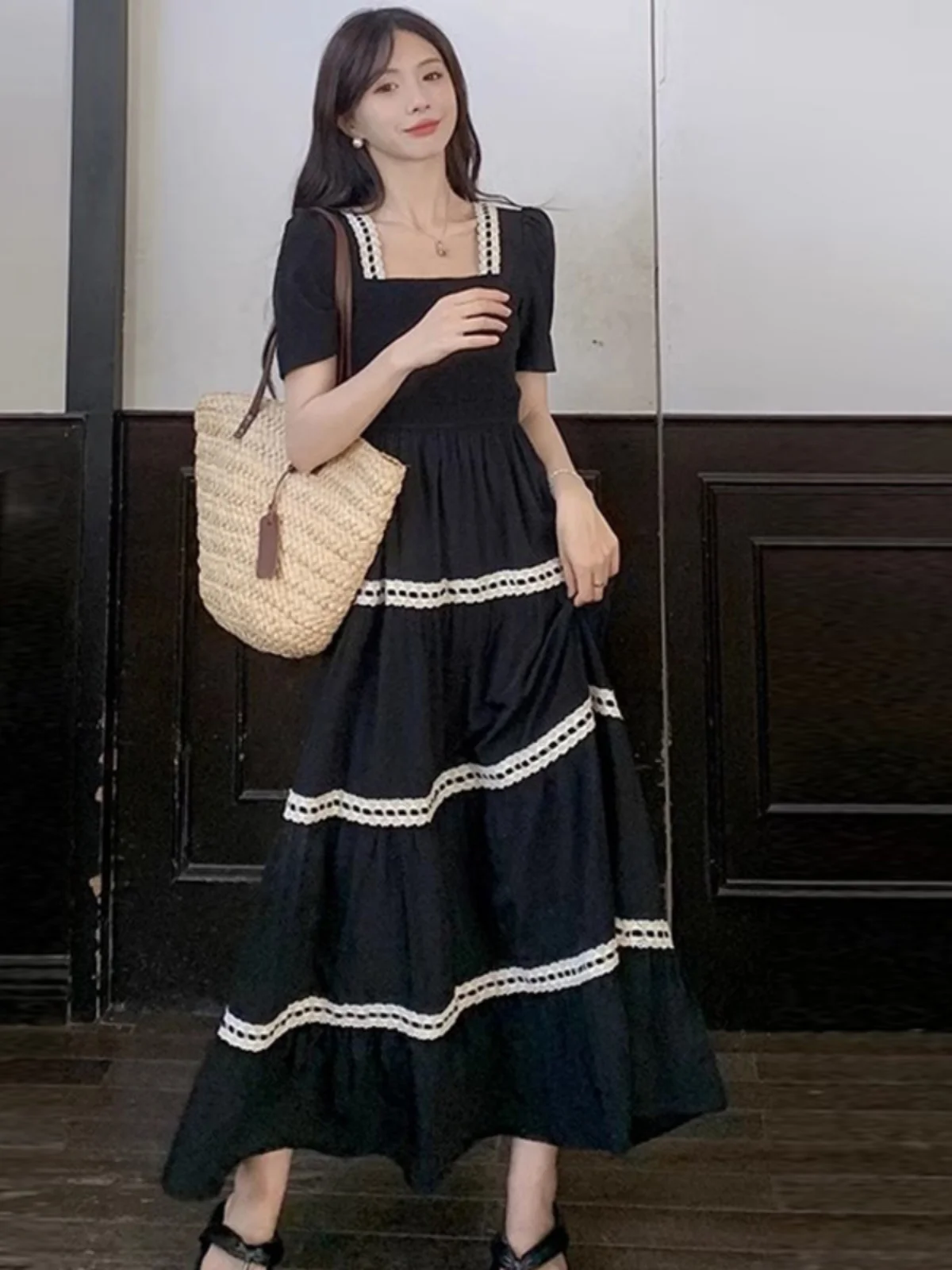 

Летнее женское платье больших размеров с квадратным вырезом, скрывающее недостатки фигуры, длинное пляжное платье с завышенной талией, во французском стиле, свободного кроя, с коротким рукавом