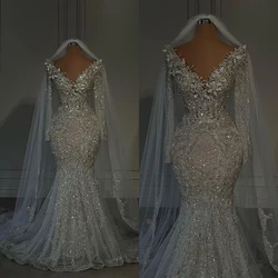 Sparkling Mermaid Gown Wedding Dresses V-Neck Lace Bridal Gowns Long-Sleeve Sweep Train Big Size Custom Size Colour