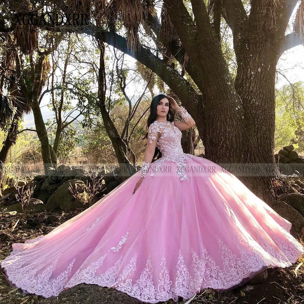 فستان جميل Quinceanera 2024 رقبة O وأكمام طويلة دانتيل مزين بالزهور حلو 15 16 سنة حفلة عيد ميلاد