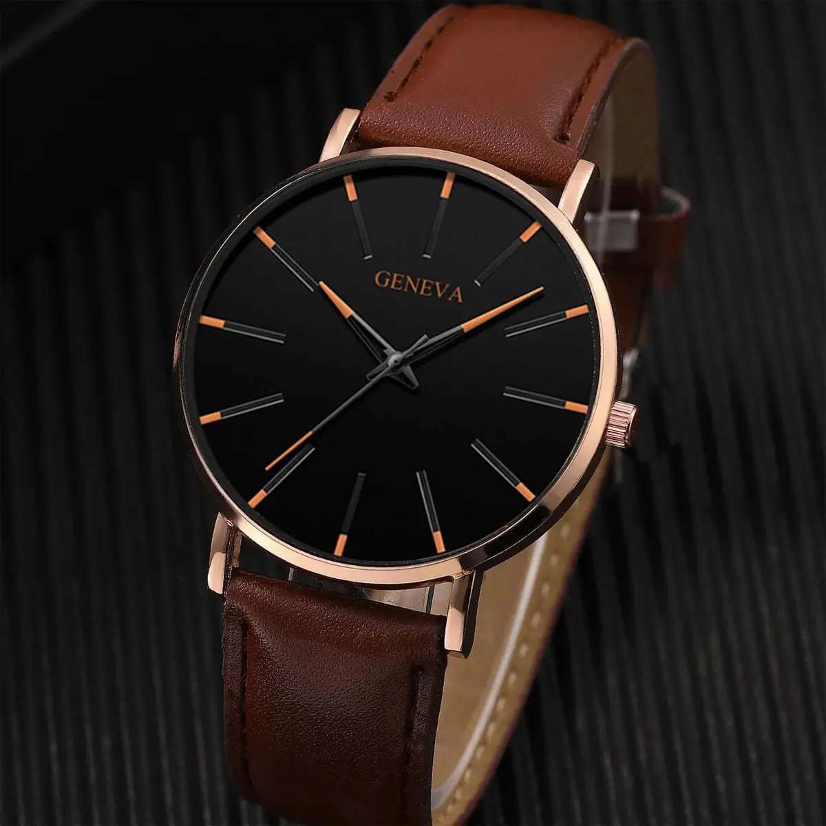 4PCS Men\'s Fashion Simple Blue Needle Dial Pointer Quartz Belt Watch Luxury Leather Leather Wood Bead Bracelet Ramadan Gift Set