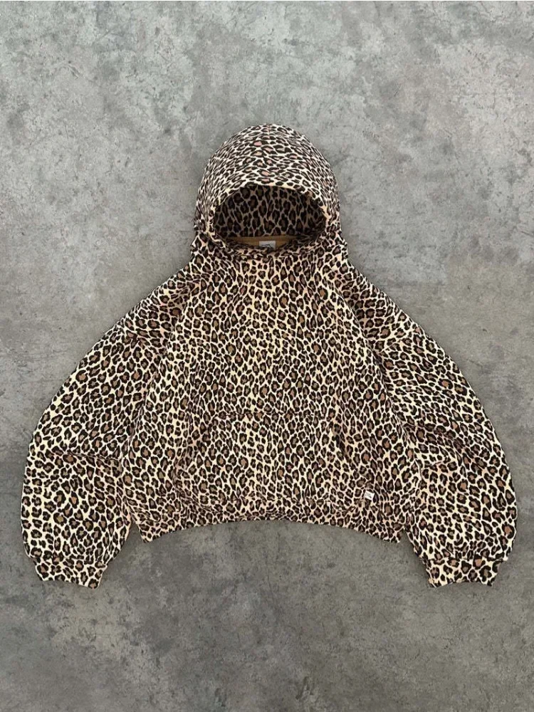 HOUZHOU Vintage Leopard Hoodies Women Y2k Oversized Animal Print Bluzy z kapturem Pullovers Retro Grunge Hip Hop Streetwear