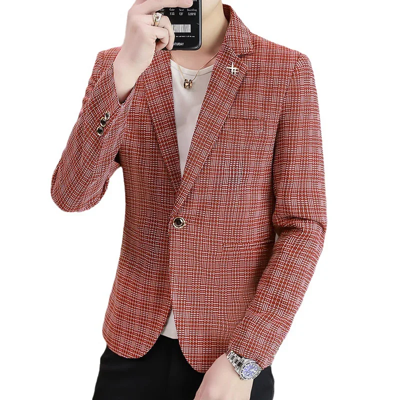 

HOO 2024 Men's Autumn New Plaid BLAZER Youth Slim Youth Business Casual blazer