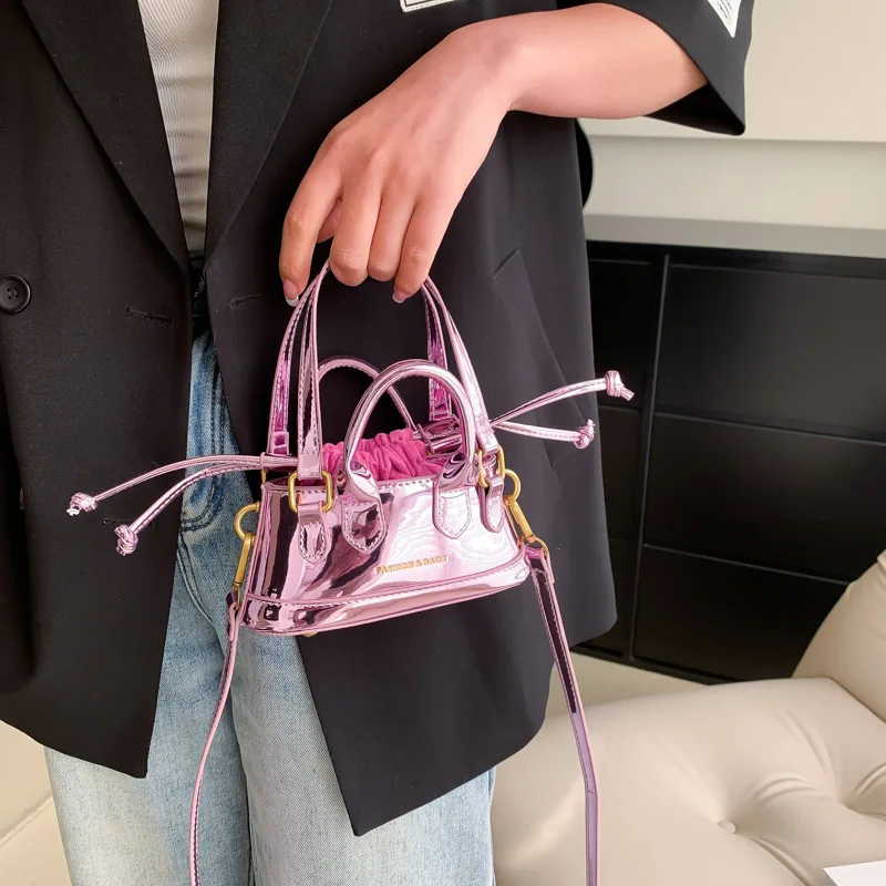 Spring Summer Patent leather Mini Bag Women Drawstring Solid Color Letter Handbag American Casual Fashion Girl Purse